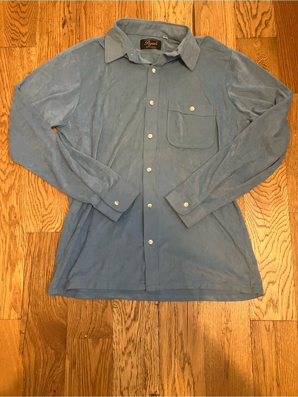 Pogue's Vintage Button Down Shirt Faux Suede Size M 15-15 1/2 Light Blue 70s